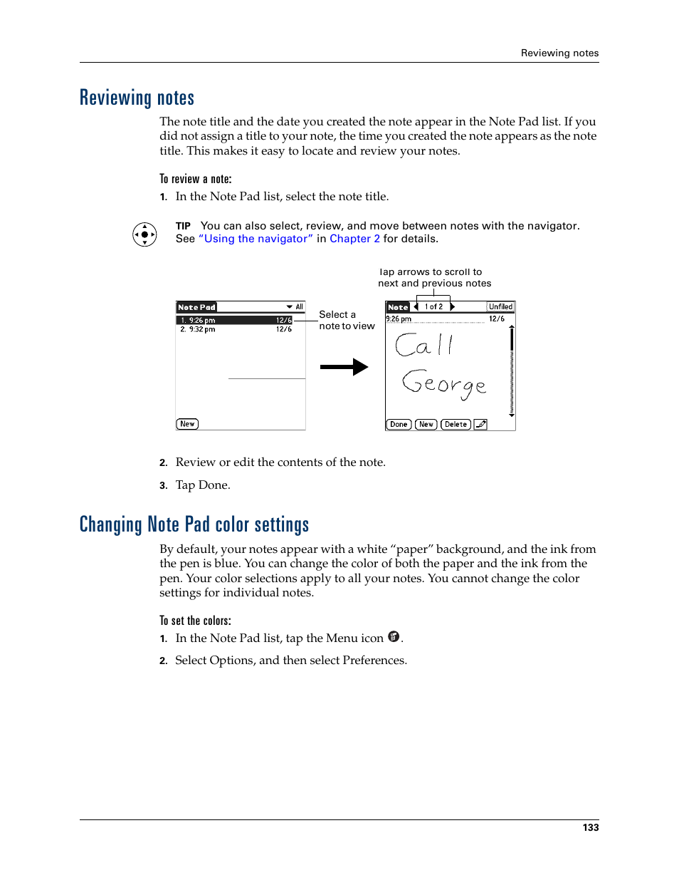 Reviewing notes, To review a note, Changing note pad color settings | To set the colors, Reviewing notes changing note pad color settings | Palm TUNGSTEN T2 User Manual | Page 147 / 502