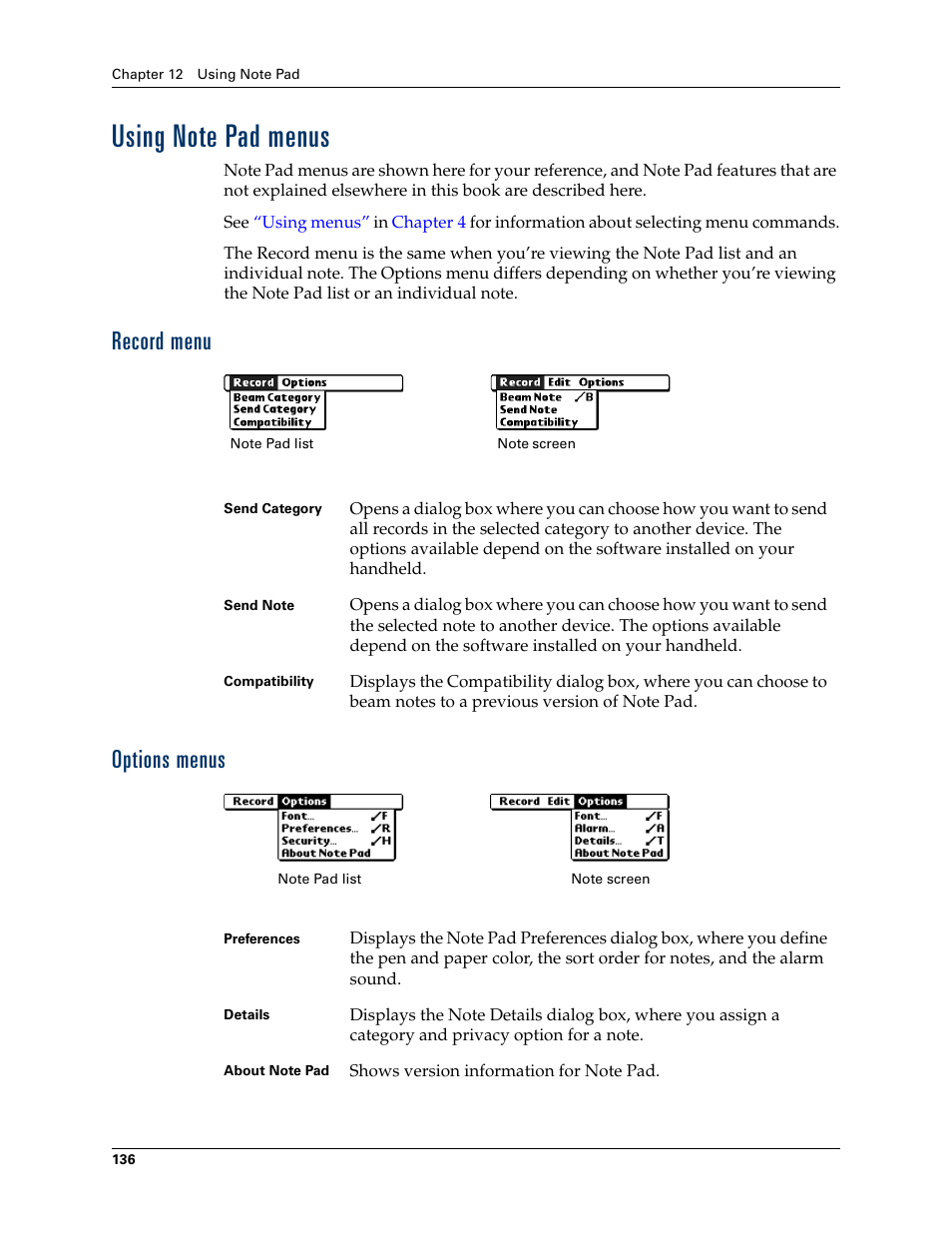 Using note pad menus, Record menu, Options menus | Record menu options menus | Palm TUNGSTEN T2 User Manual | Page 150 / 502