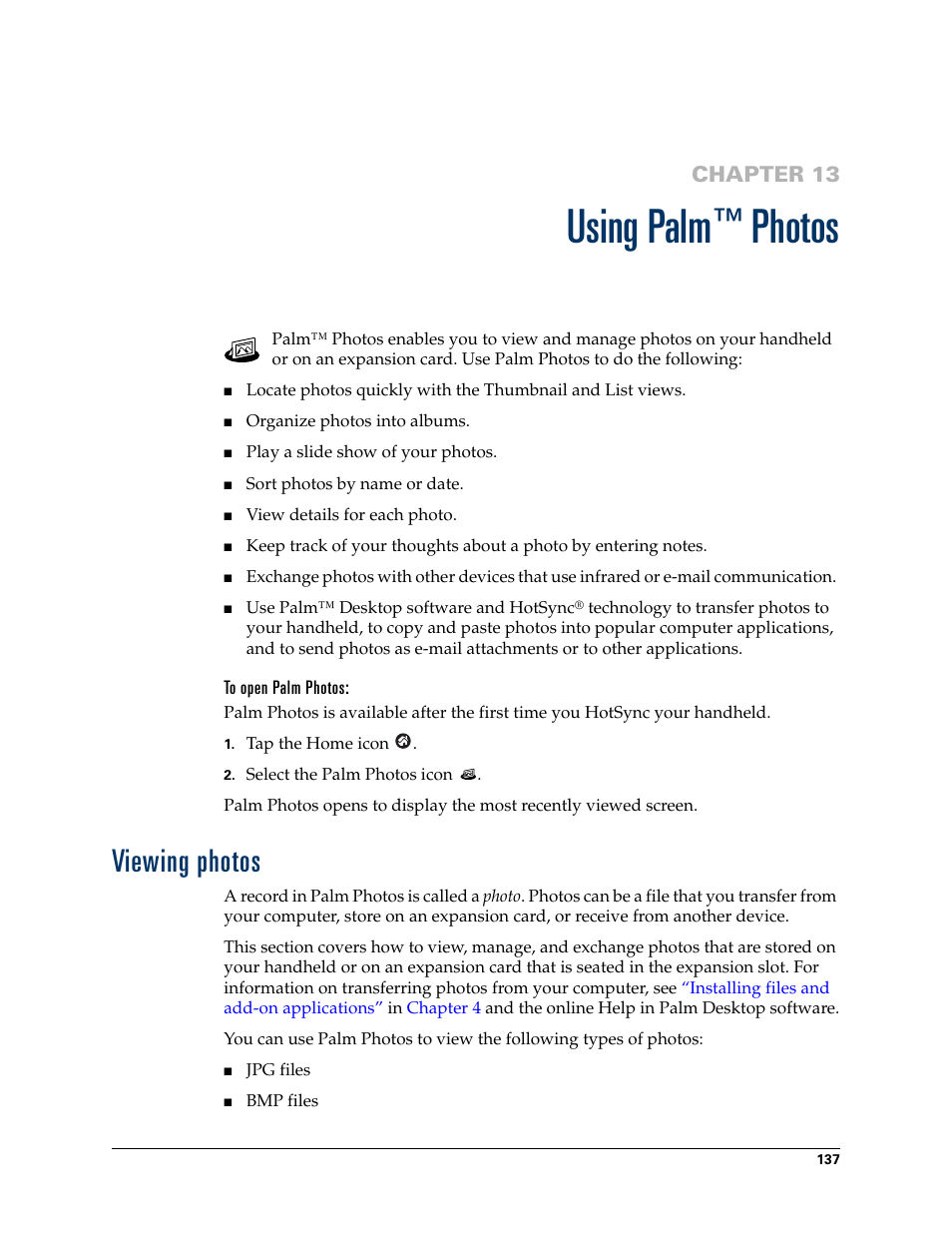 Using palm™ photos, To open palm photos, Viewing photos | Chapter 13: using palm™ photos, Chapter 13, Using palm, Photos | Palm TUNGSTEN T2 User Manual | Page 151 / 502