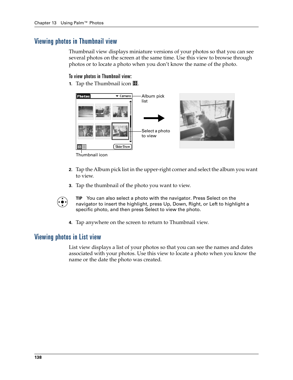 Viewing photos in thumbnail view, To view photos in thumbnail view, Viewing photos in list view | Palm TUNGSTEN T2 User Manual | Page 152 / 502