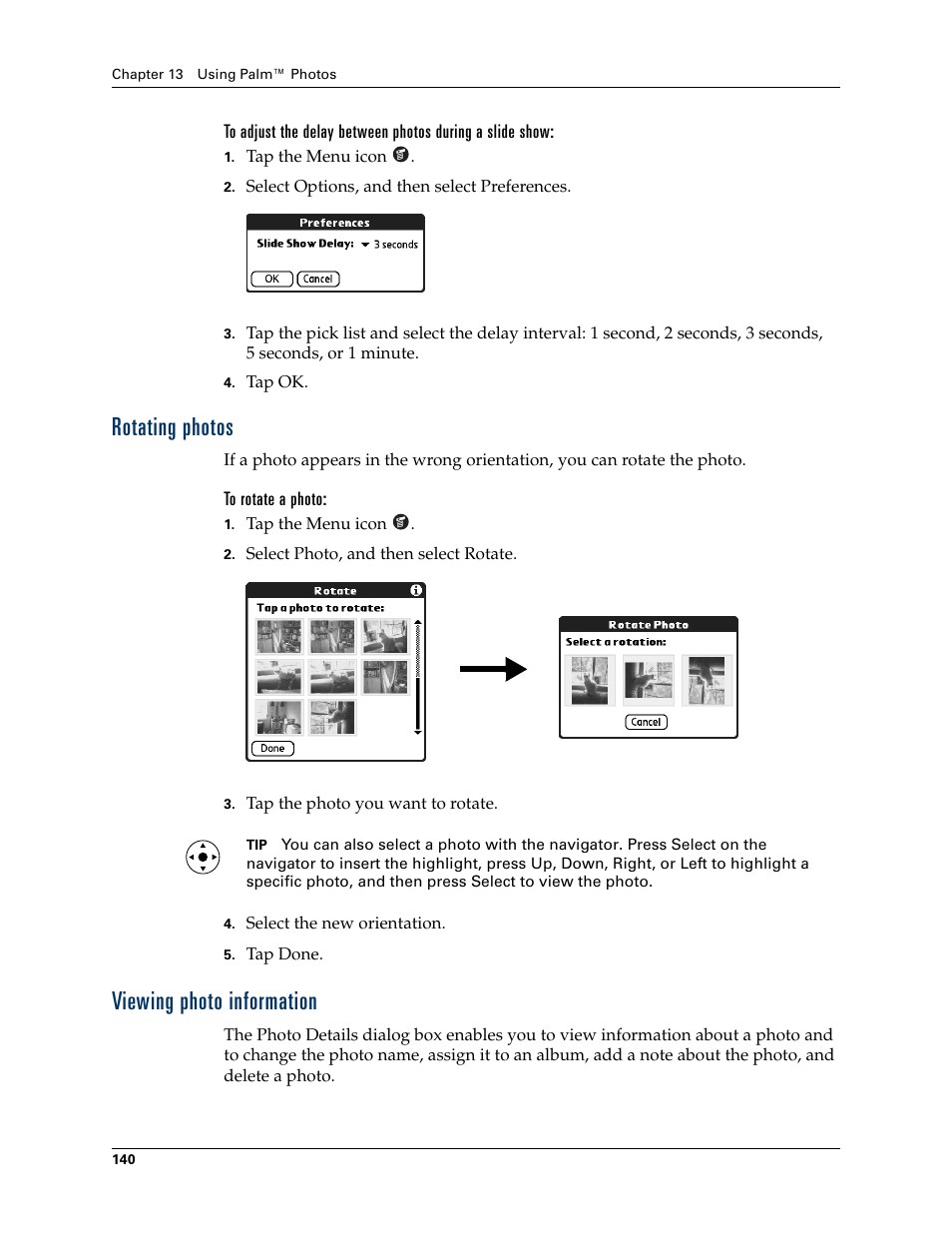 Rotating photos, To rotate a photo, Viewing photo information | Rotating photos viewing photo information | Palm TUNGSTEN T2 User Manual | Page 154 / 502