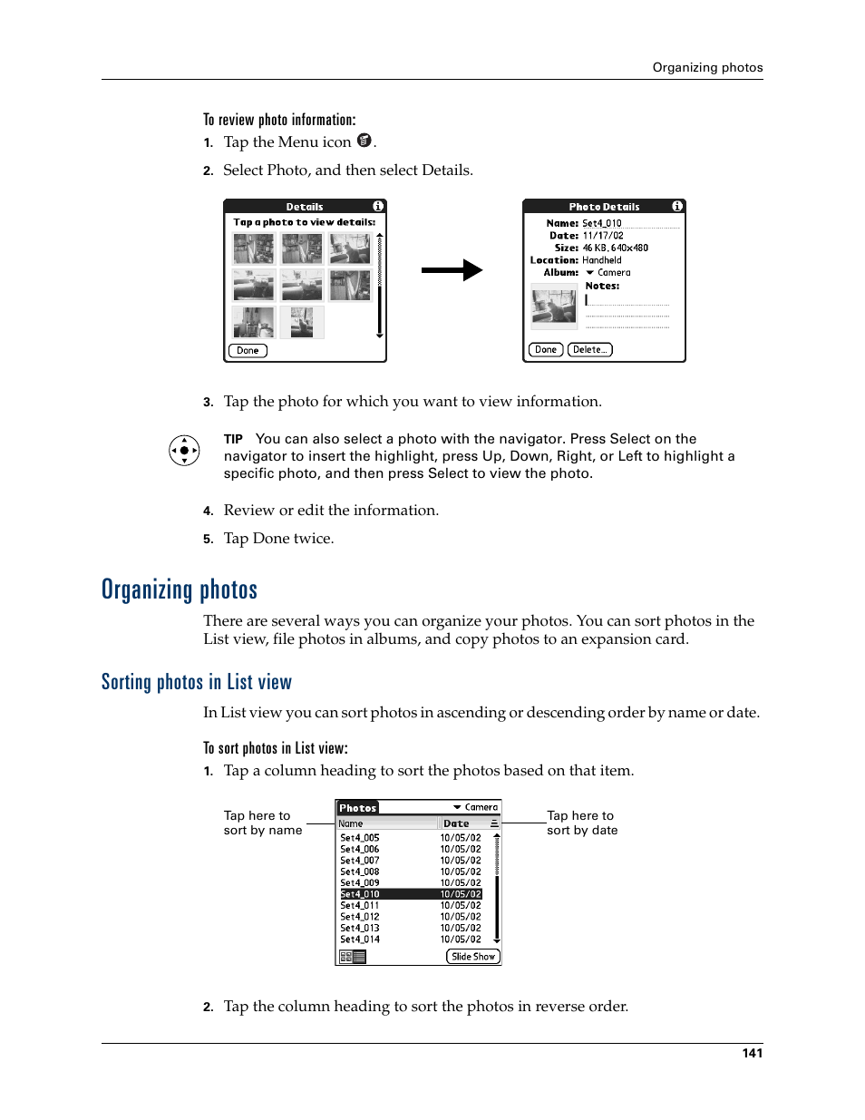 To review photo information, Organizing photos, Sorting photos in list view | To sort photos in list view, Photo. see, Chapter 13, For details | Palm TUNGSTEN T2 User Manual | Page 155 / 502