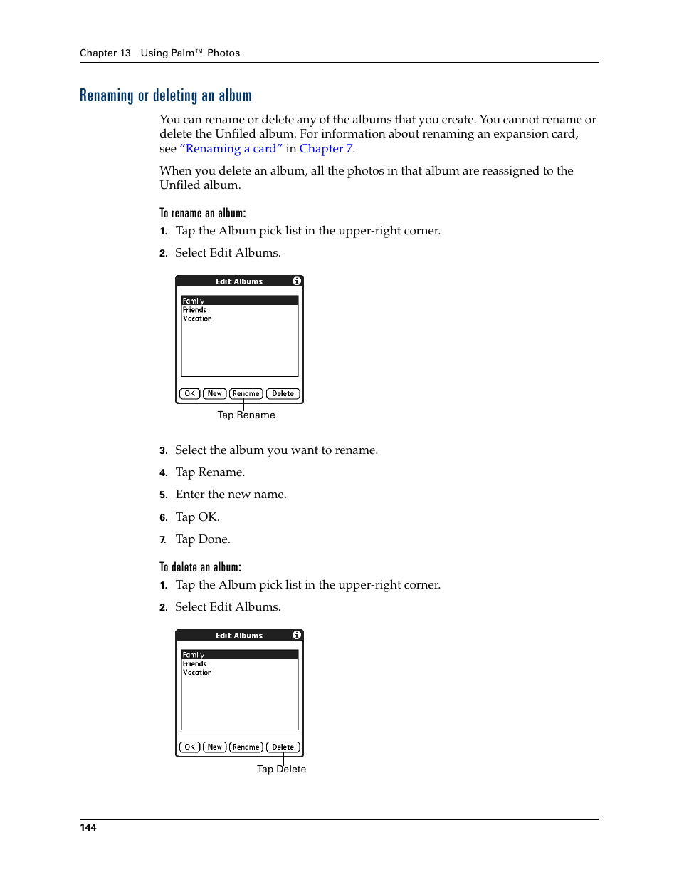 Renaming or deleting an album, To rename an album, To delete an album | Palm TUNGSTEN T2 User Manual | Page 158 / 502