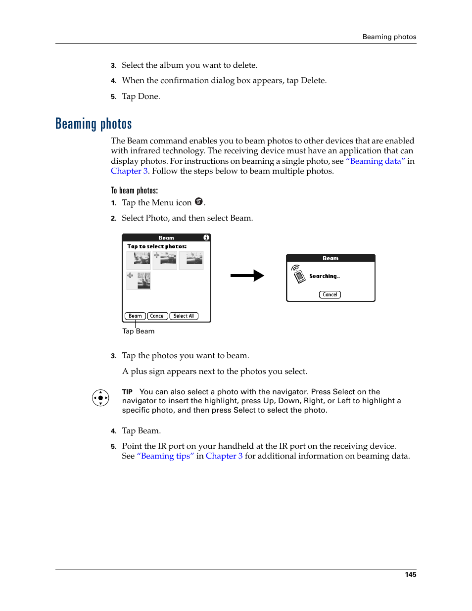 Beaming photos, To beam photos, Chapter 13 | For details | Palm TUNGSTEN T2 User Manual | Page 159 / 502