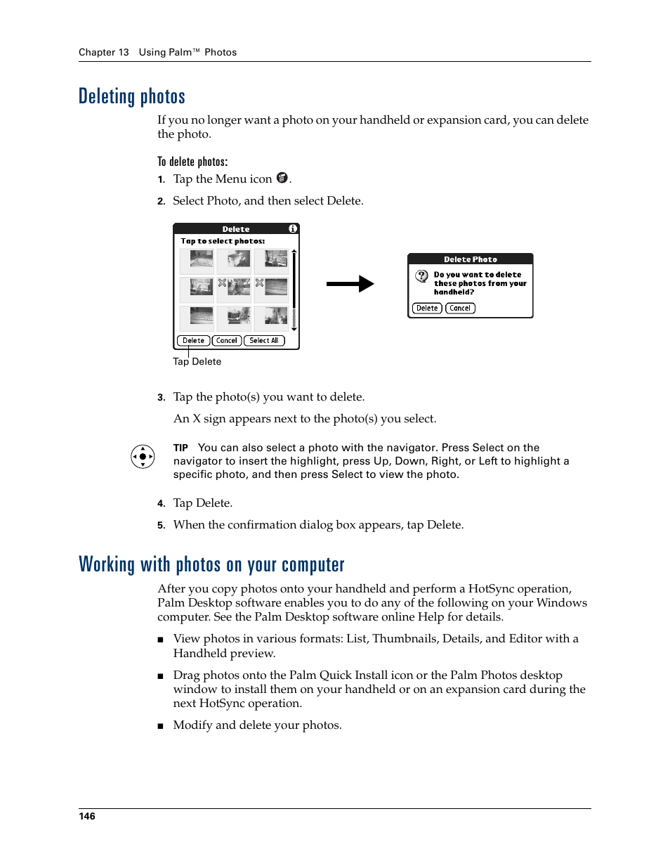 Deleting photos, To delete photos, Working with photos on your computer | Chapter 13, For details | Palm TUNGSTEN T2 User Manual | Page 160 / 502