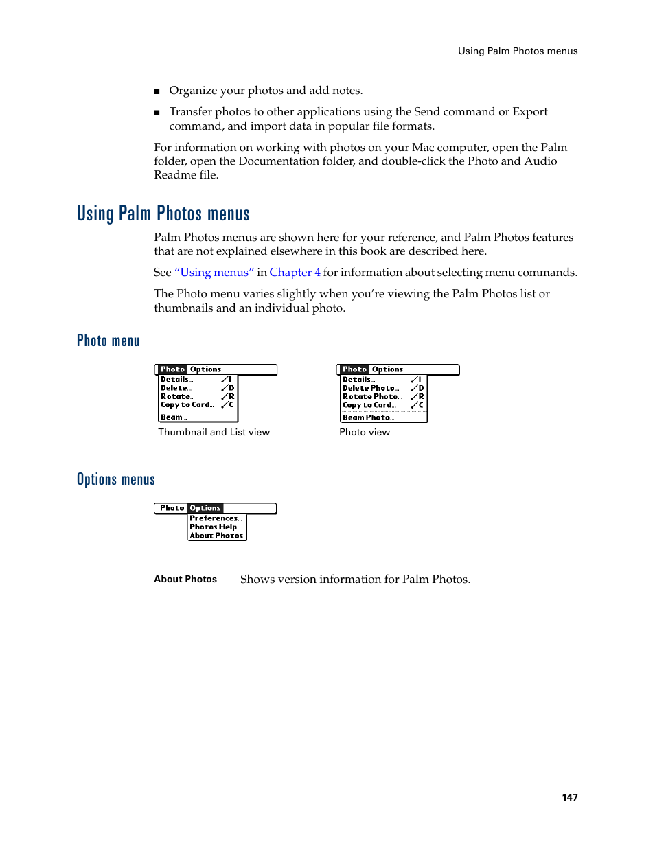 Using palm photos menus, Photo menu, Options menus | Photo menu options menus | Palm TUNGSTEN T2 User Manual | Page 161 / 502