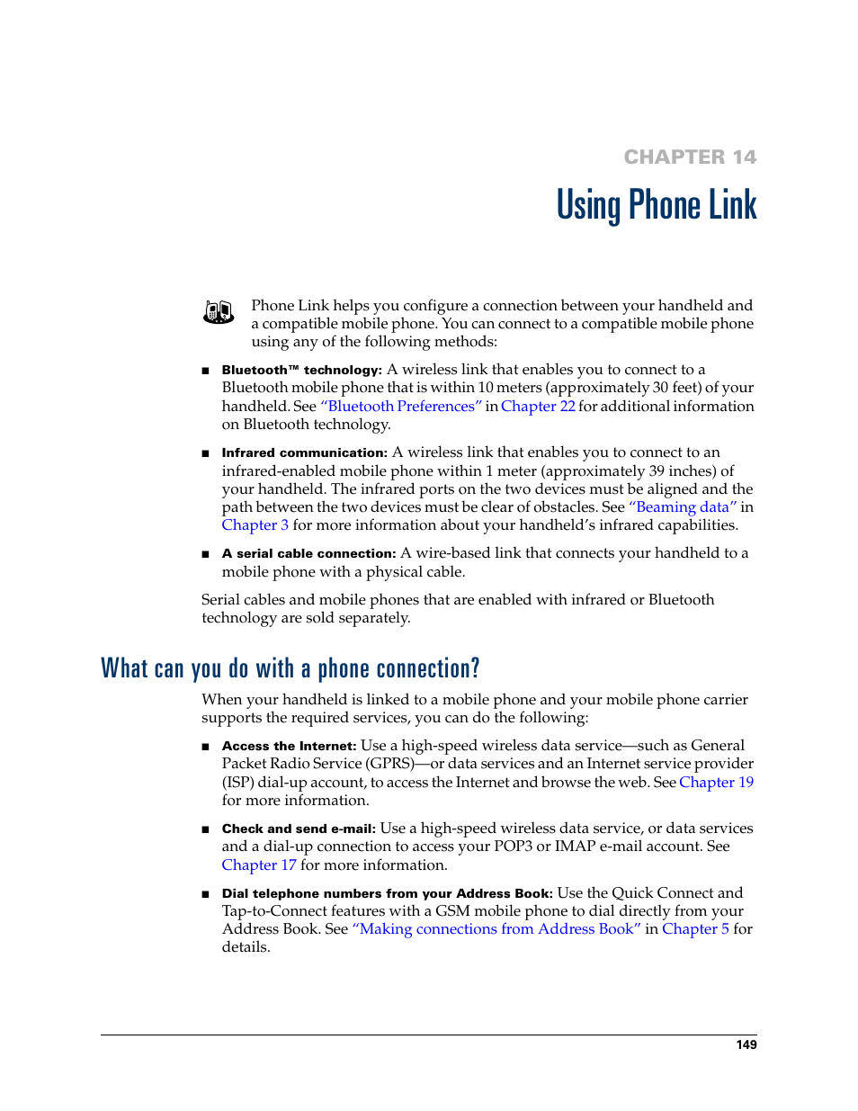 Using phone link, What can you do with a phone connection, Chapter 14: using phone link | Chapter 14, For addition | Palm TUNGSTEN T2 User Manual | Page 163 / 502