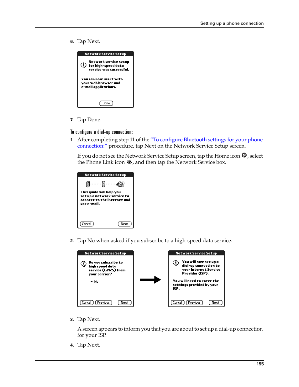 To configure a dial-up connection | Palm TUNGSTEN T2 User Manual | Page 169 / 502