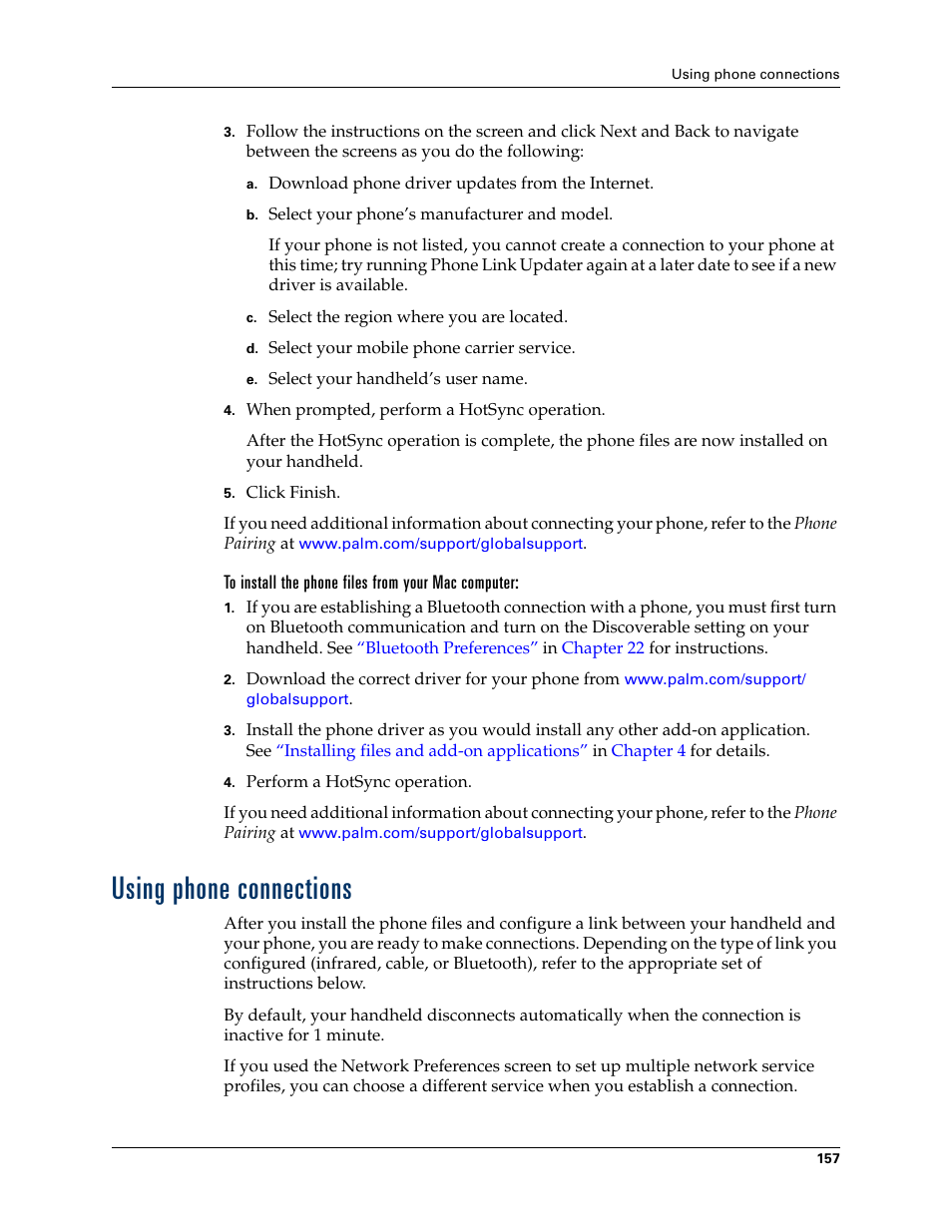 To install the phone files from your mac computer, Using phone connections | Palm TUNGSTEN T2 User Manual | Page 171 / 502