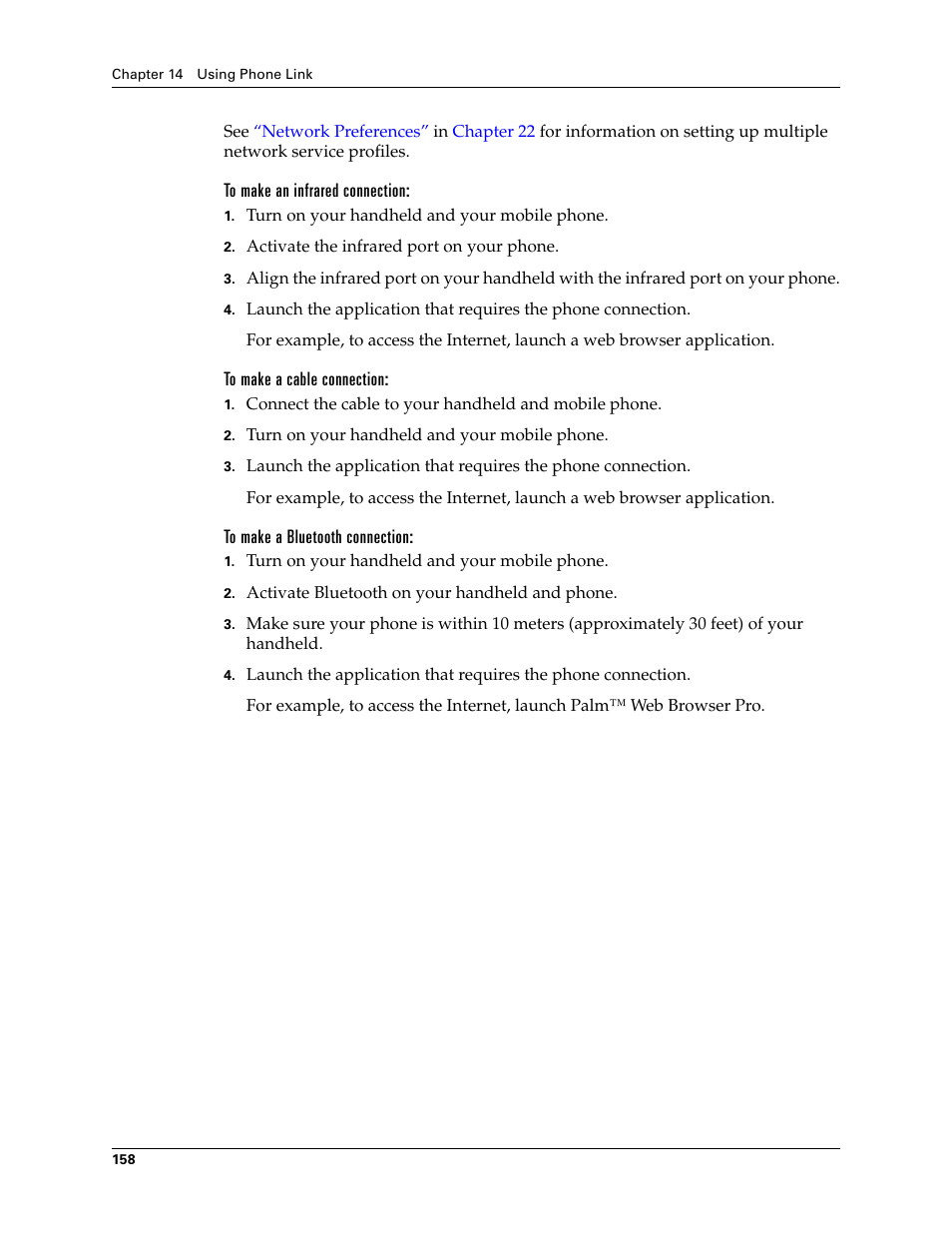 To make an infrared connection, To make a cable connection, To make a bluetooth connection | Palm TUNGSTEN T2 User Manual | Page 172 / 502