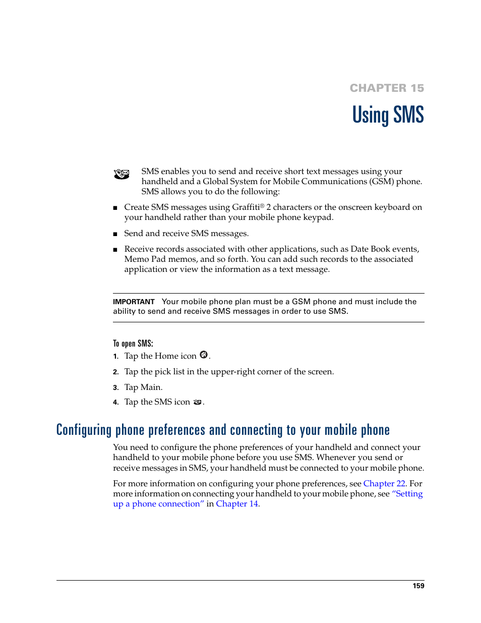 Using sms, To open sms, Chapter 15: using sms | Chapter 15 | Palm TUNGSTEN T2 User Manual | Page 173 / 502