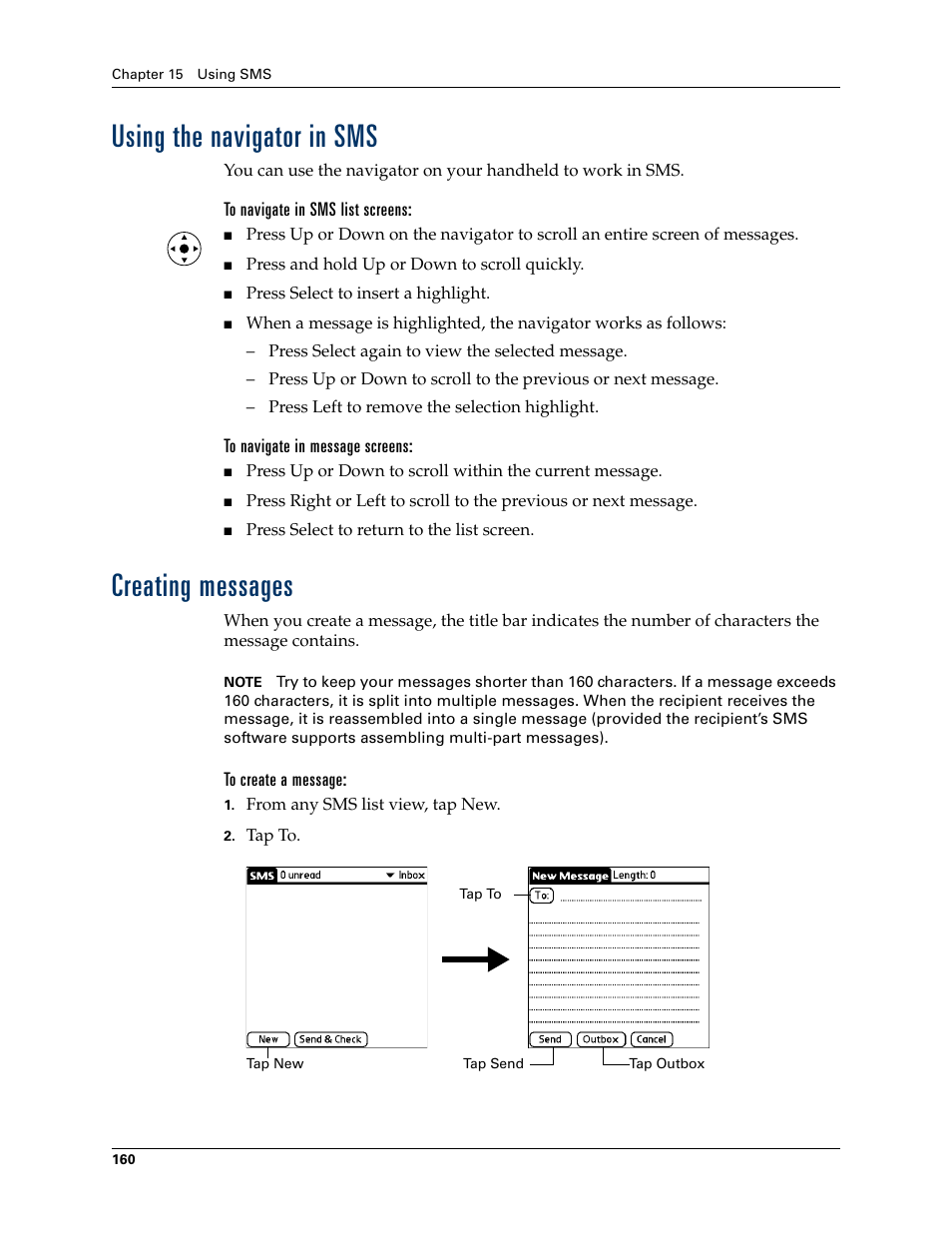 Using the navigator in sms, To navigate in sms list screens, To navigate in message screens | Creating messages, To create a message, Using the navigator in sms creating messages, Chapter 15 | Palm TUNGSTEN T2 User Manual | Page 174 / 502