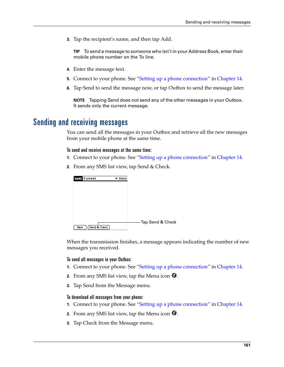 Sending and receiving messages, To send and receive messages at the same time, To send all messages in your outbox | To download all messages from your phone | Palm TUNGSTEN T2 User Manual | Page 175 / 502