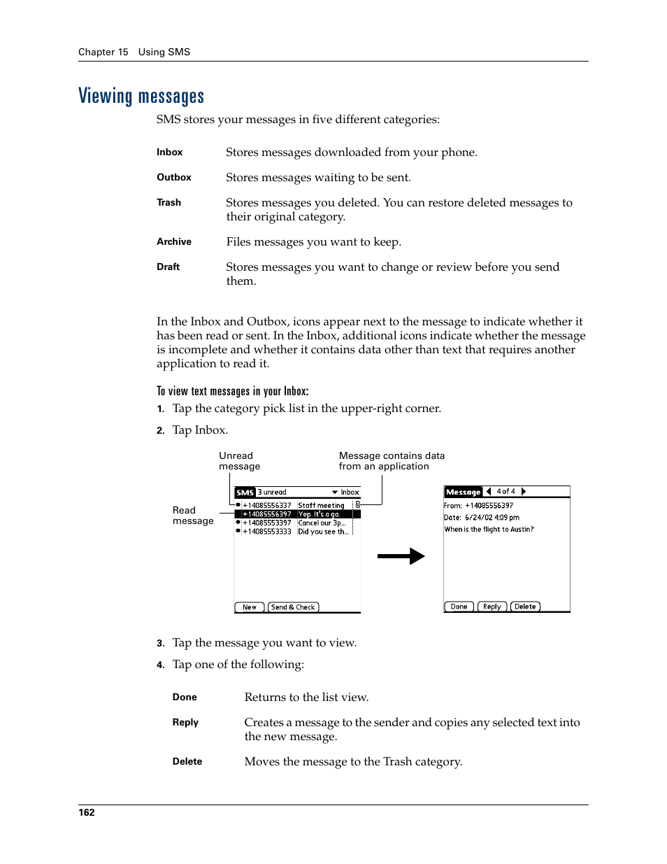 Viewing messages, To view text messages in your inbox | Palm TUNGSTEN T2 User Manual | Page 176 / 502