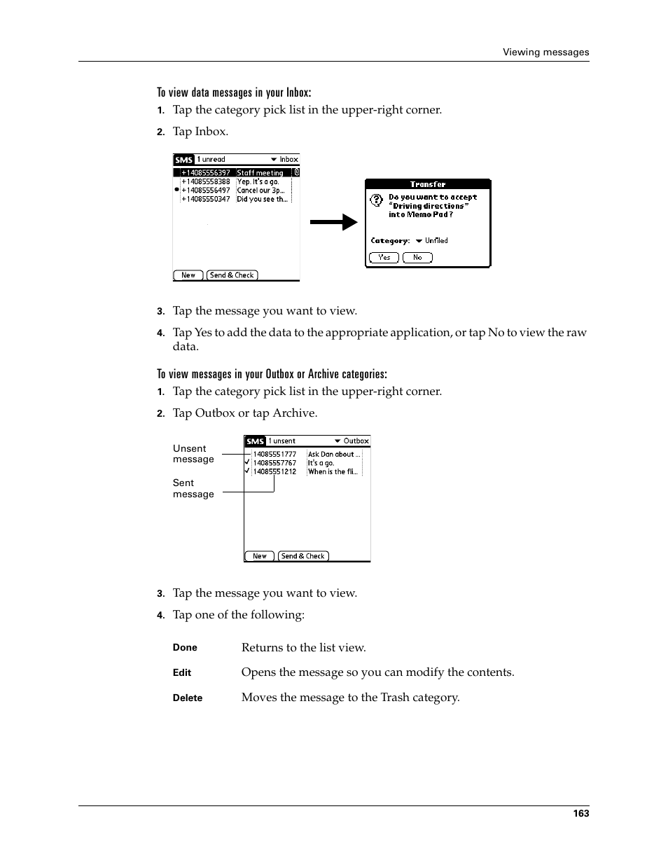To view data messages in your inbox | Palm TUNGSTEN T2 User Manual | Page 177 / 502