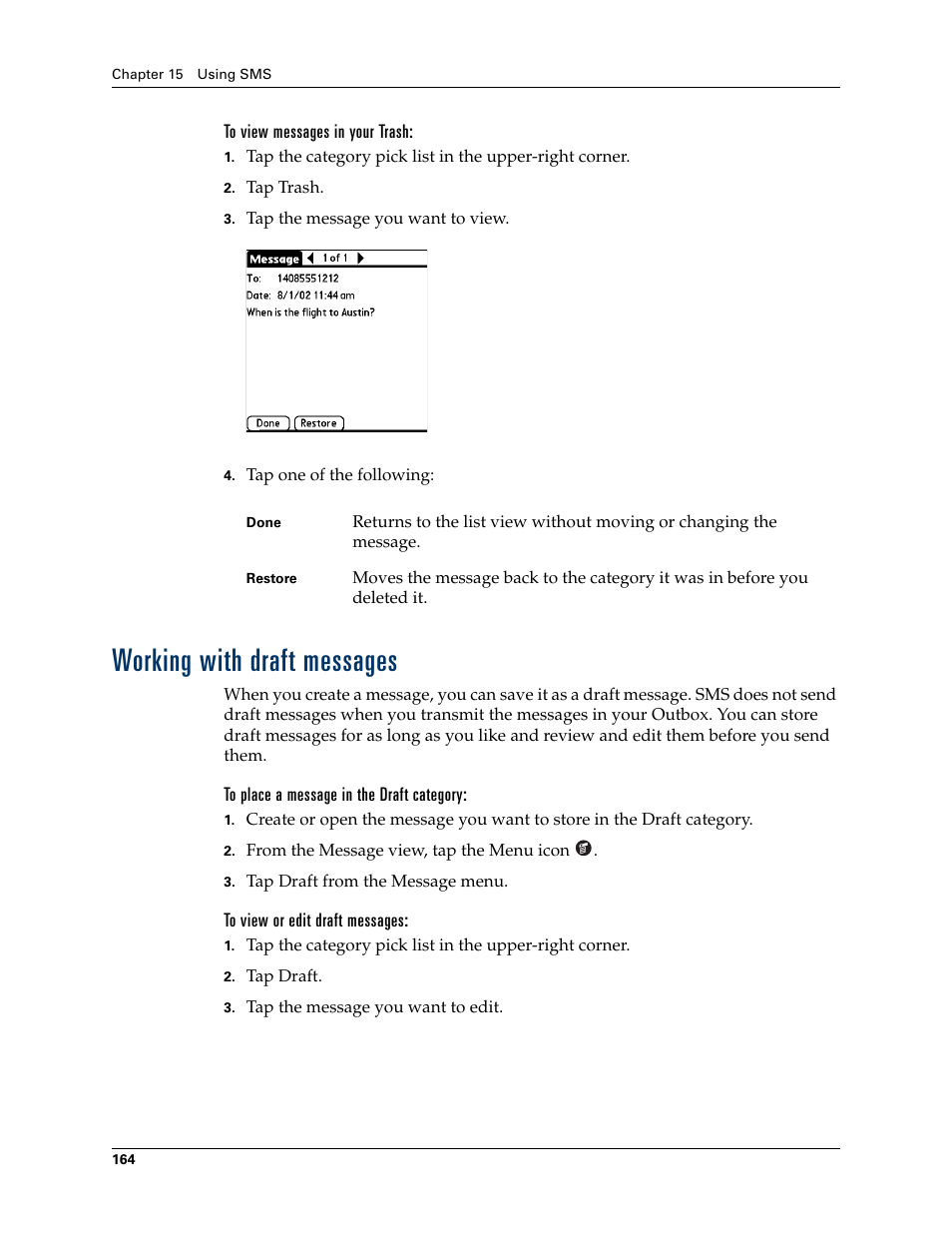 To view messages in your trash, Working with draft messages, To place a message in the draft category | To view or edit draft messages | Palm TUNGSTEN T2 User Manual | Page 178 / 502