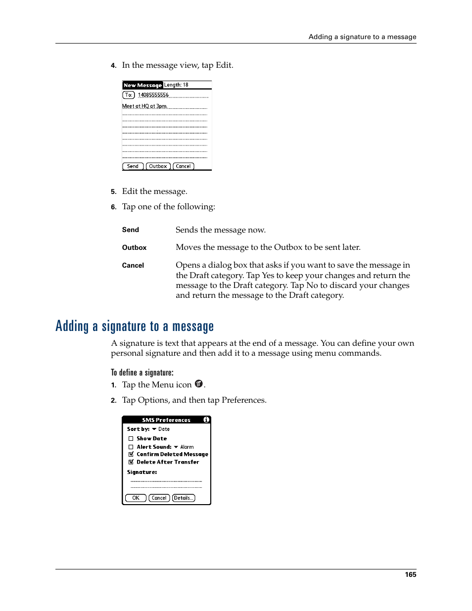 Adding a signature to a message, To define a signature | Palm TUNGSTEN T2 User Manual | Page 179 / 502