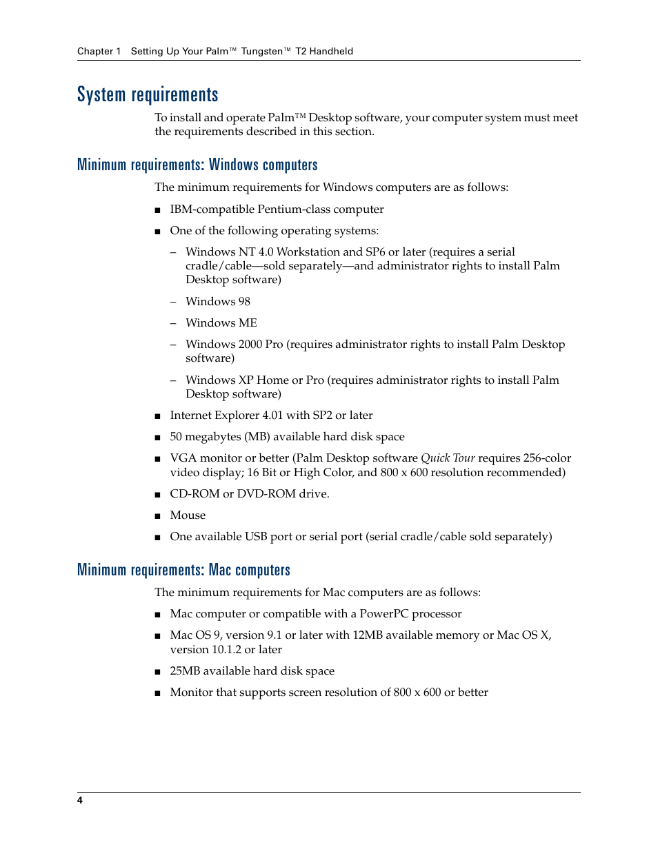 System requirements, Minimum requirements: windows computers, Minimum requirements: mac computers | Palm TUNGSTEN T2 User Manual | Page 18 / 502