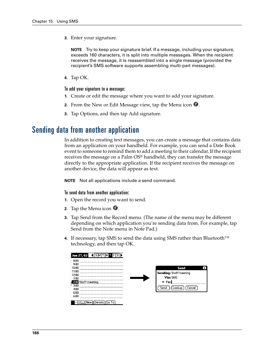 To add your signature to a message, Sending data from another application, To send data from another application | Palm TUNGSTEN T2 User Manual | Page 180 / 502