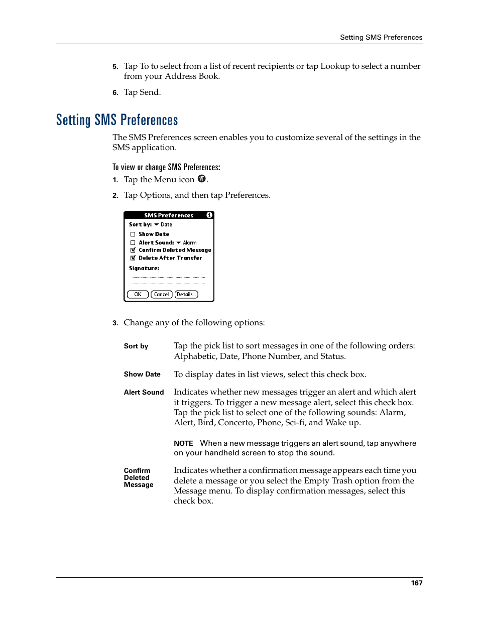 Setting sms preferences, To view or change sms preferences | Palm TUNGSTEN T2 User Manual | Page 181 / 502