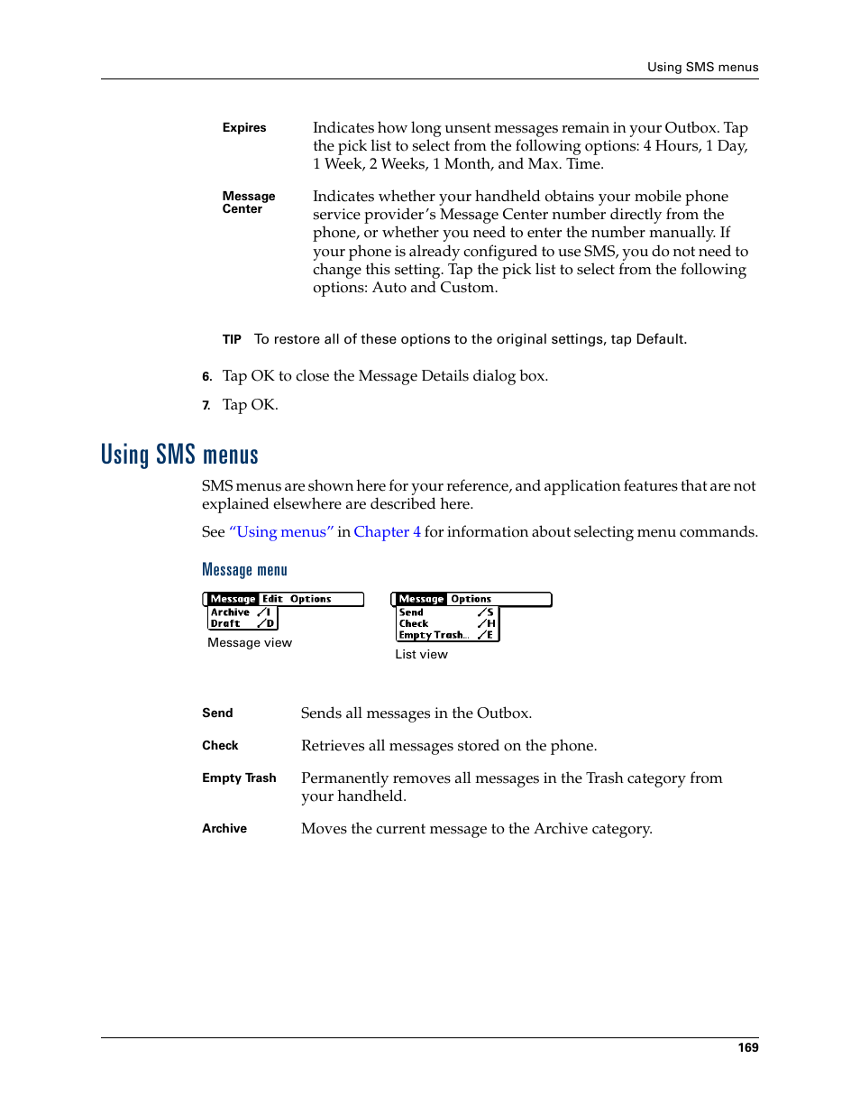 Using sms menus, Message menu | Palm TUNGSTEN T2 User Manual | Page 183 / 502