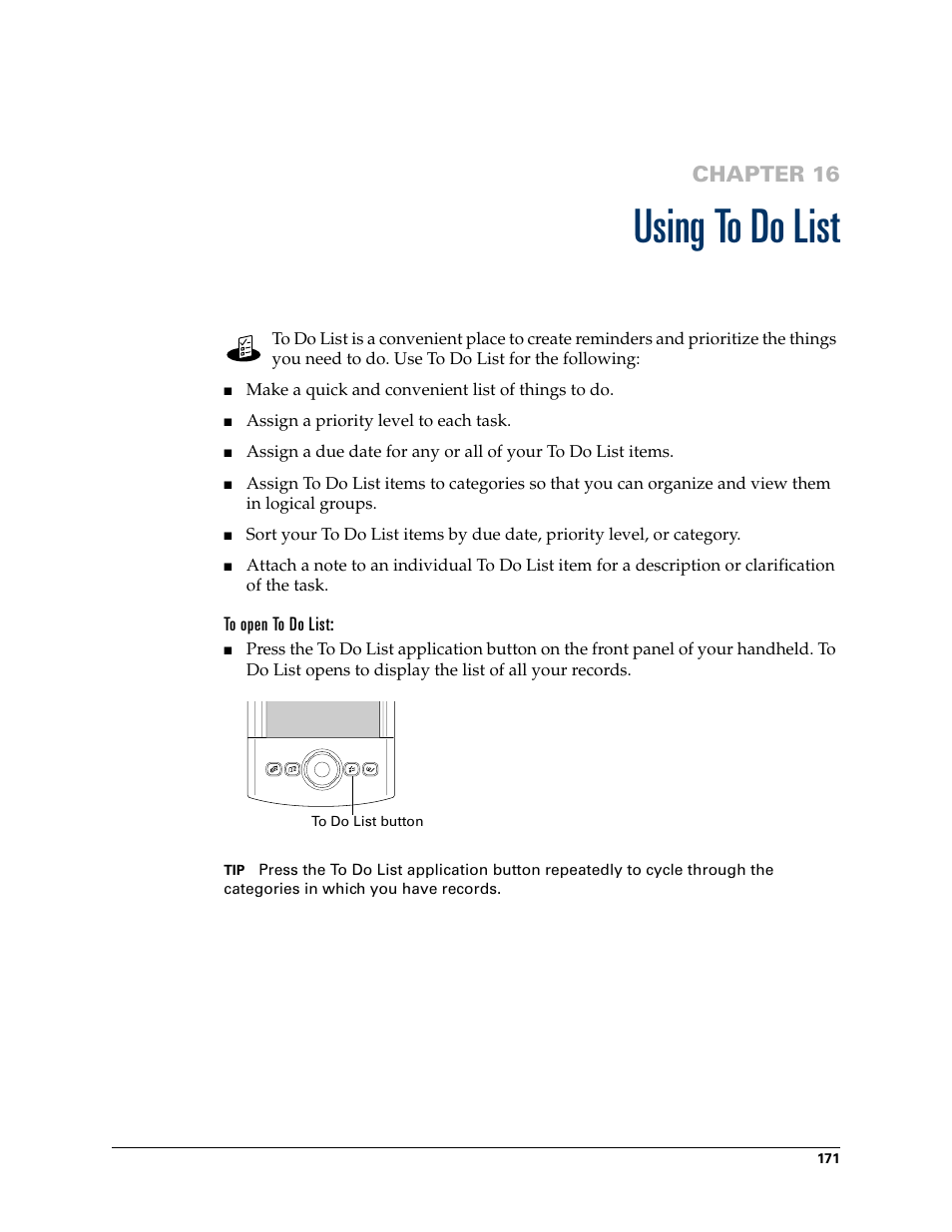 Using to do list, To open to do list, Chapter 16: using to do list | Chapter 16 | Palm TUNGSTEN T2 User Manual | Page 185 / 502