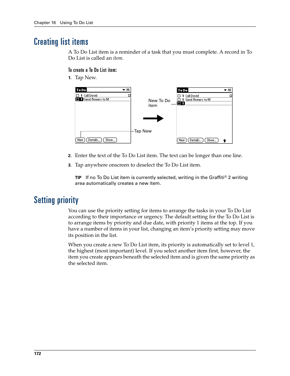 Creating list items, To create a to do list item, Setting priority | Creating list items setting priority | Palm TUNGSTEN T2 User Manual | Page 186 / 502