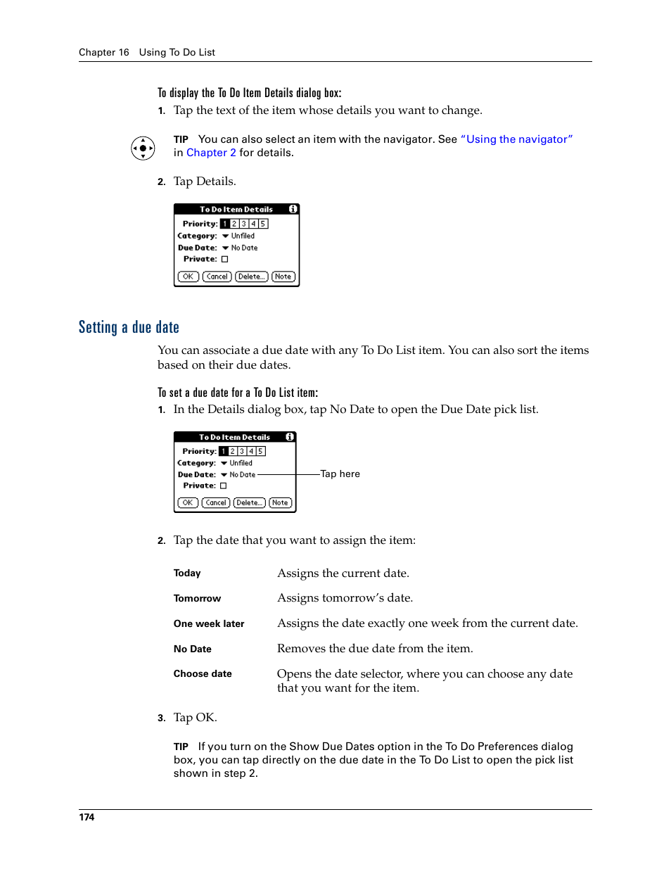 To display the to do item details dialog box, Setting a due date, To set a due date for a to do list item | Palm TUNGSTEN T2 User Manual | Page 188 / 502