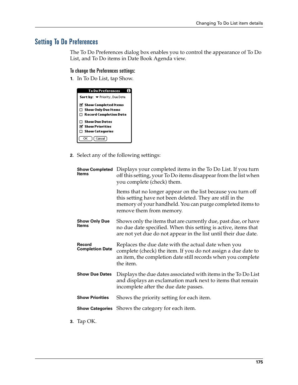 Setting to do preferences, To change the preferences settings, Chapter 16 | Palm TUNGSTEN T2 User Manual | Page 189 / 502