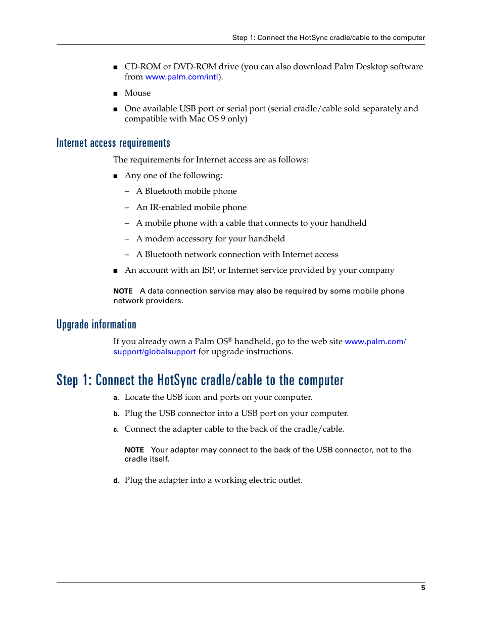 Internet access requirements, Upgrade information, Internet access requirements upgrade information | Palm TUNGSTEN T2 User Manual | Page 19 / 502