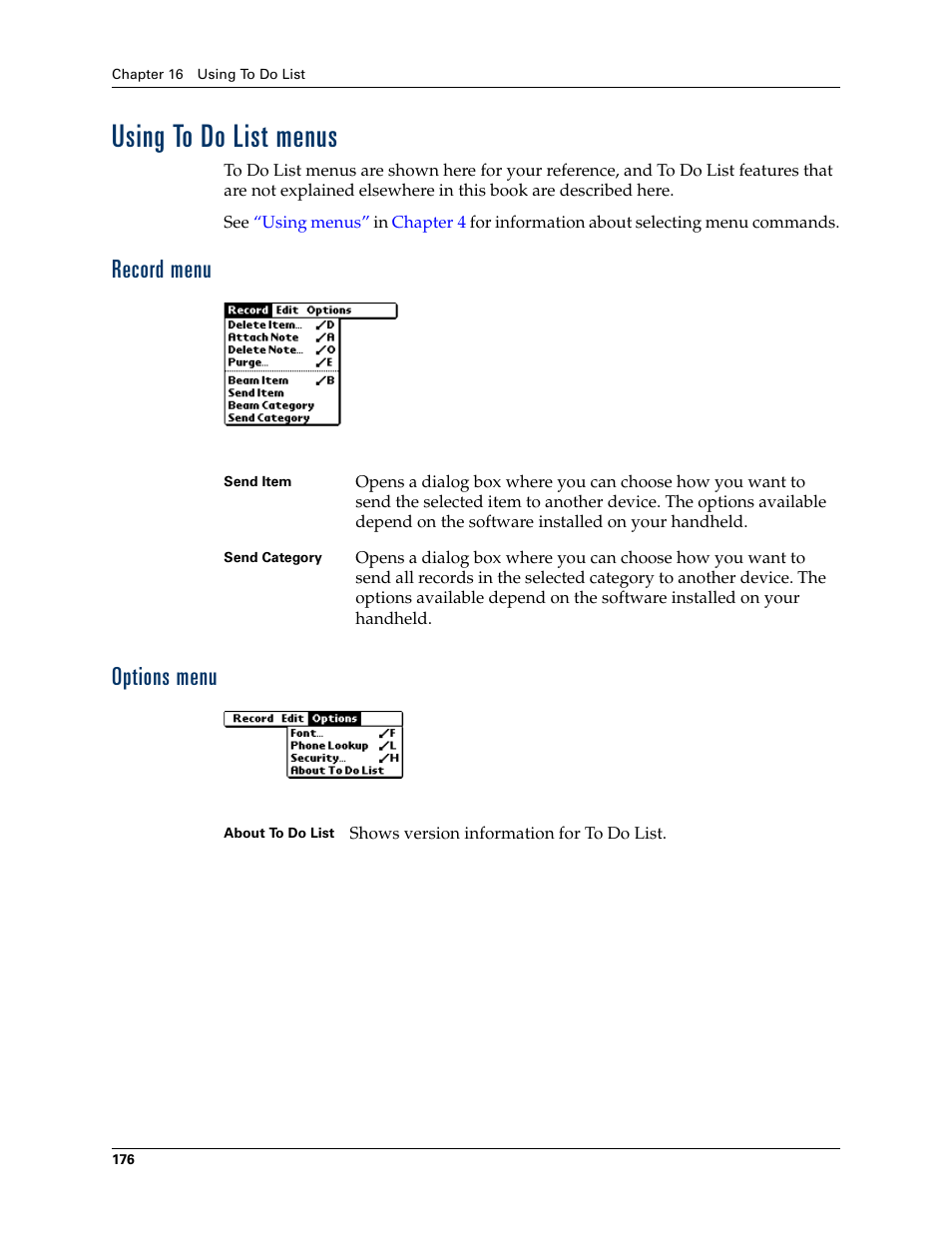 Using to do list menus, Record menu, Options menu | Record menu options menu | Palm TUNGSTEN T2 User Manual | Page 190 / 502