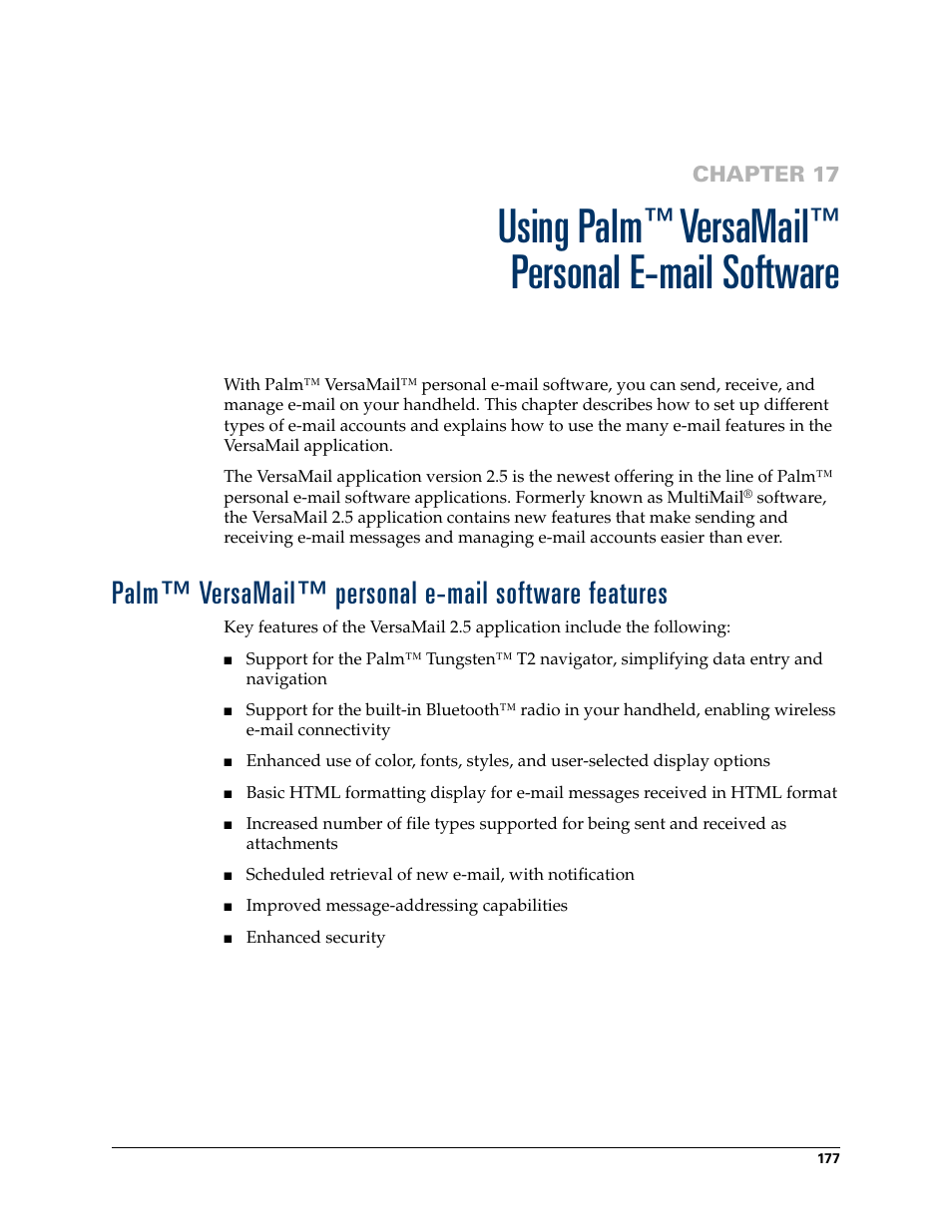 Using palm™ versamail™ personal email software, Palm™ versamail™ personal e-mail software features, Chapter 17 | Using palm, Versamail, Personal e-mail software | Palm TUNGSTEN T2 User Manual | Page 191 / 502