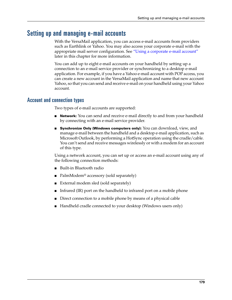 Setting up and managing email accounts, Account and connection types, Setting up and managing e-mail accounts | Palm TUNGSTEN T2 User Manual | Page 193 / 502