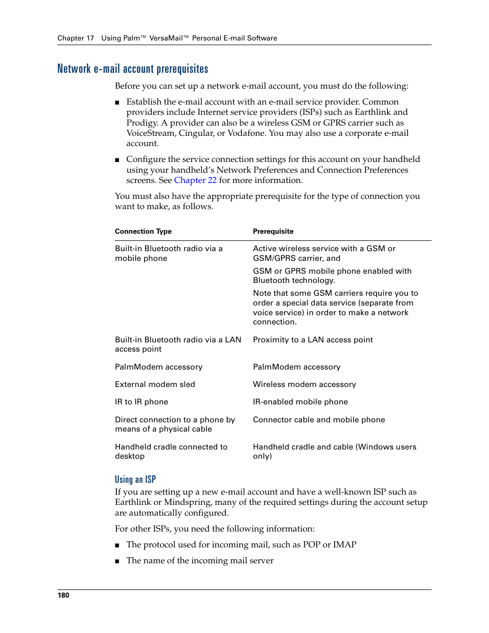 Network e-mail account prerequisites, Using an isp | Palm TUNGSTEN T2 User Manual | Page 194 / 502