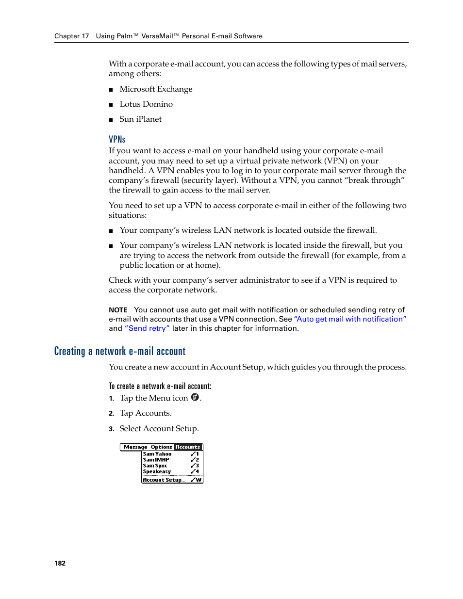 Vpns, Creating a network e-mail account, To create a network e-mail account | Later in this chapter, Later | Palm TUNGSTEN T2 User Manual | Page 196 / 502