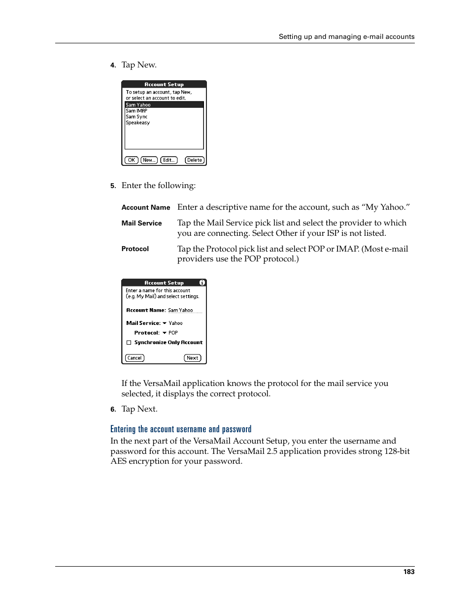 Entering the account username and password | Palm TUNGSTEN T2 User Manual | Page 197 / 502