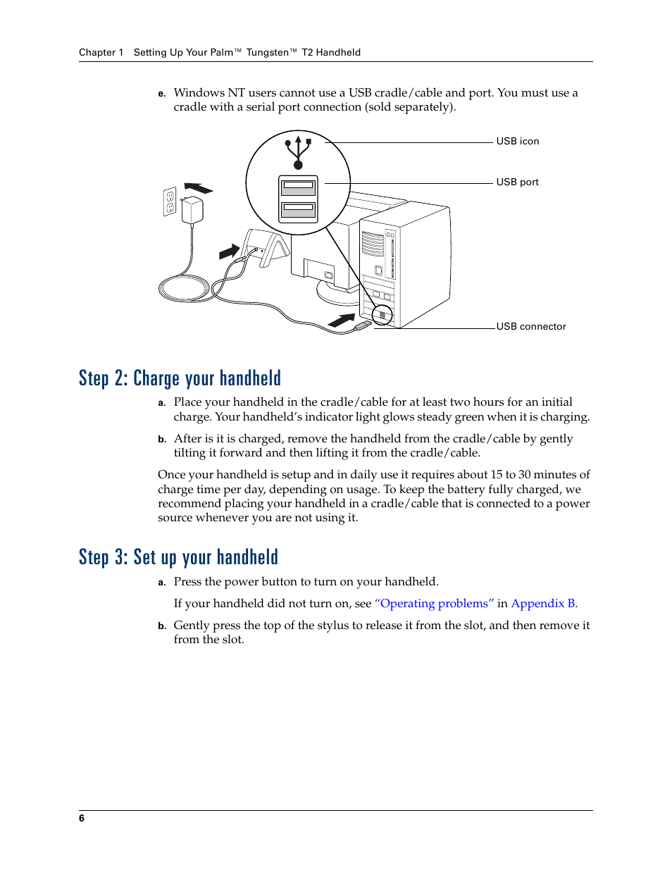 Step 2: charge your handheld, Step 3: set up your handheld | Palm TUNGSTEN T2 User Manual | Page 20 / 502