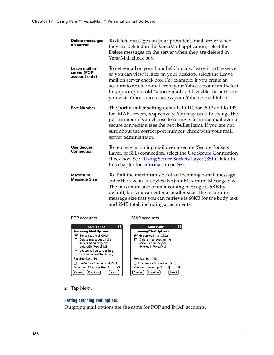 Setting outgoing mail options | Palm TUNGSTEN T2 User Manual | Page 200 / 502