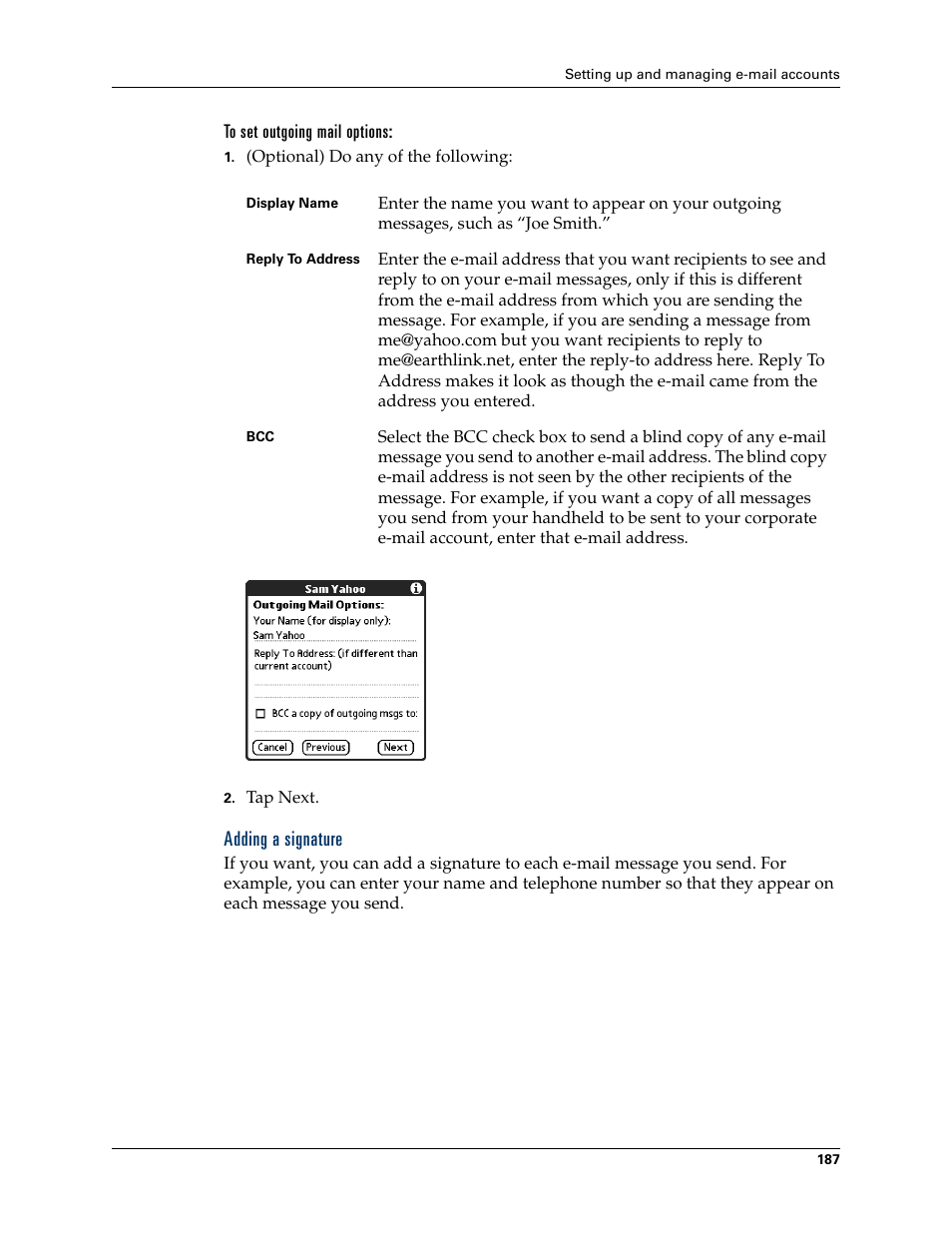 To set outgoing mail options, Adding a signature | Palm TUNGSTEN T2 User Manual | Page 201 / 502