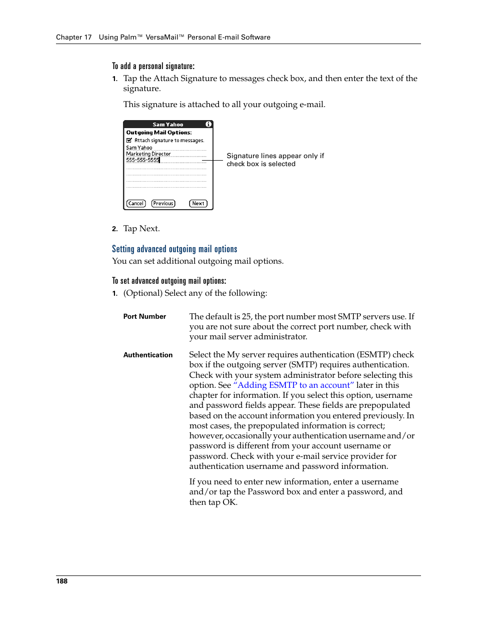 To add a personal signature, Setting advanced outgoing mail options, To set advanced outgoing mail options | Palm TUNGSTEN T2 User Manual | Page 202 / 502