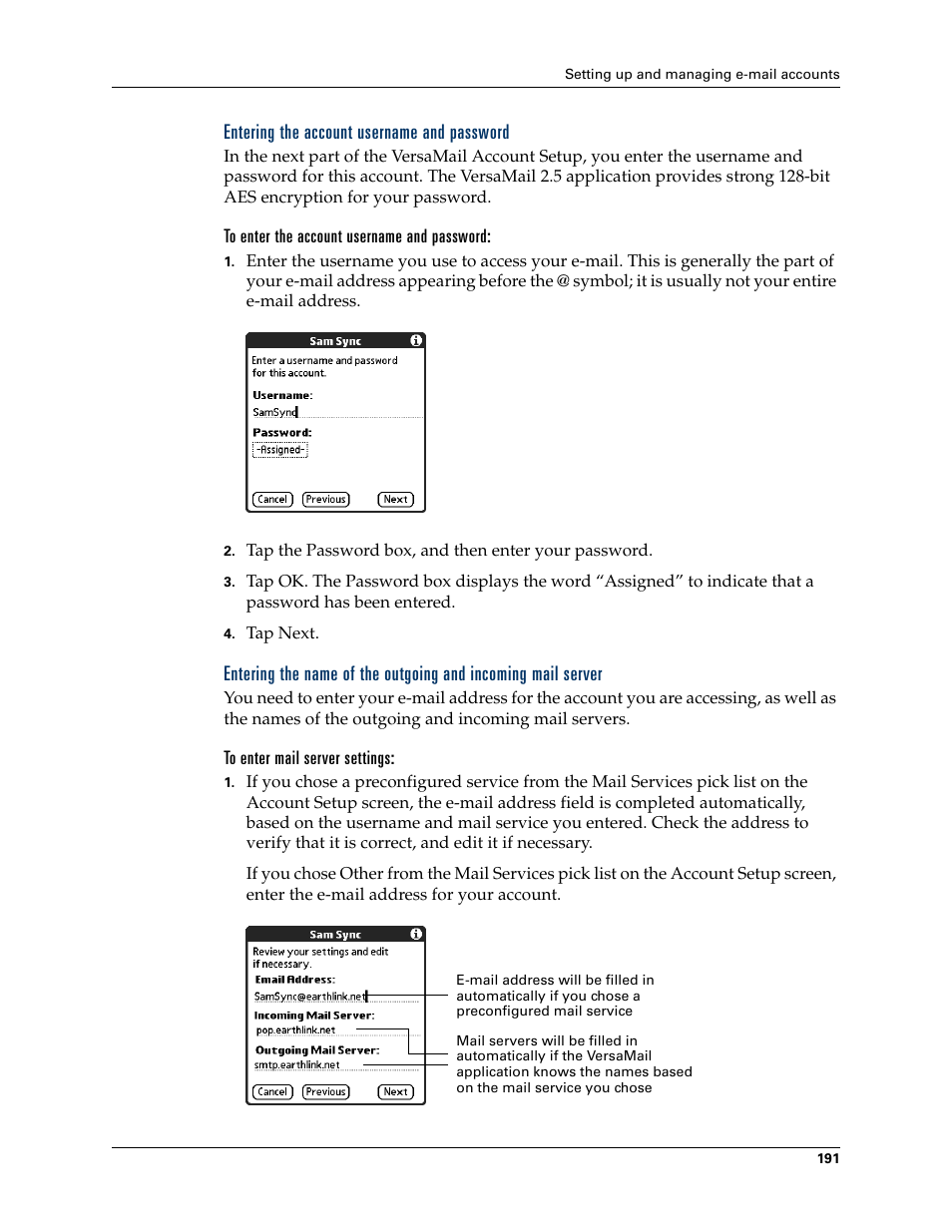 Entering the account username and password, To enter the account username and password, To enter mail server settings | Palm TUNGSTEN T2 User Manual | Page 205 / 502