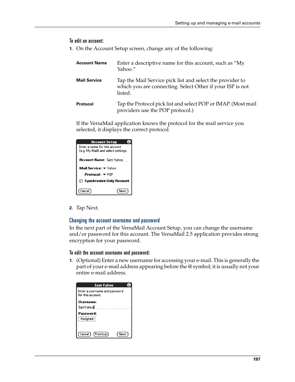 To edit an account, Changing the account username and password, To edit the account username and password | Palm TUNGSTEN T2 User Manual | Page 211 / 502