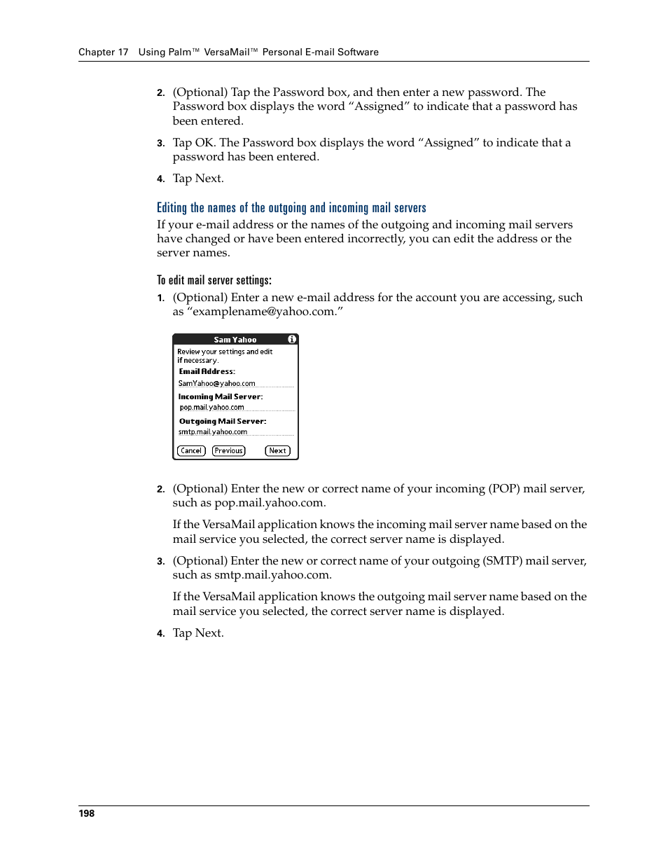 To edit mail server settings | Palm TUNGSTEN T2 User Manual | Page 212 / 502