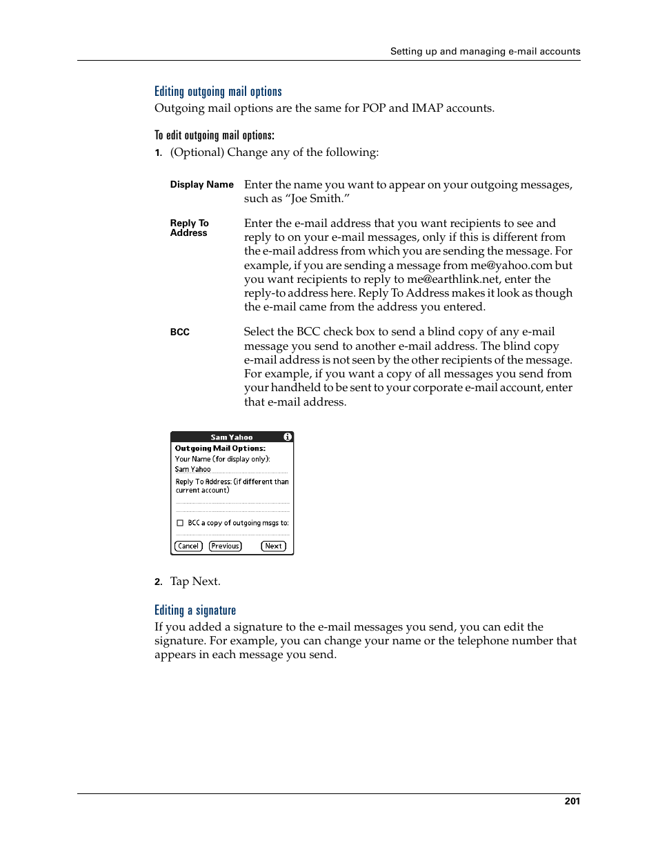 Editing outgoing mail options, To edit outgoing mail options, Editing a signature | Palm TUNGSTEN T2 User Manual | Page 215 / 502