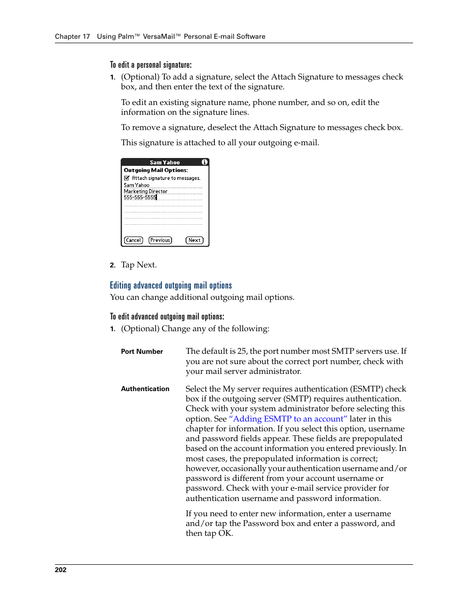To edit a personal signature, Editing advanced outgoing mail options, To edit advanced outgoing mail options | Palm TUNGSTEN T2 User Manual | Page 216 / 502