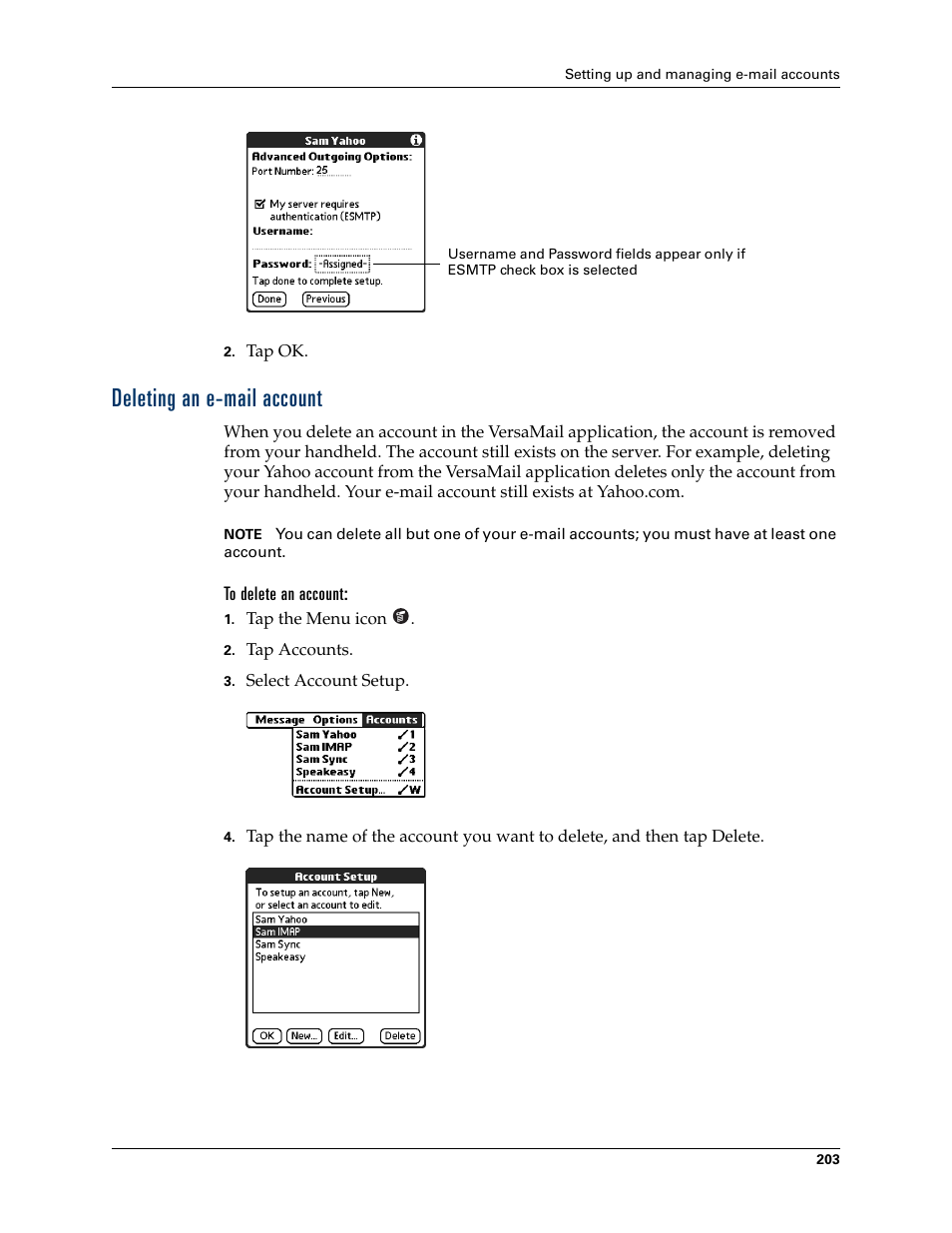 Deleting an e-mail account, To delete an account | Palm TUNGSTEN T2 User Manual | Page 217 / 502