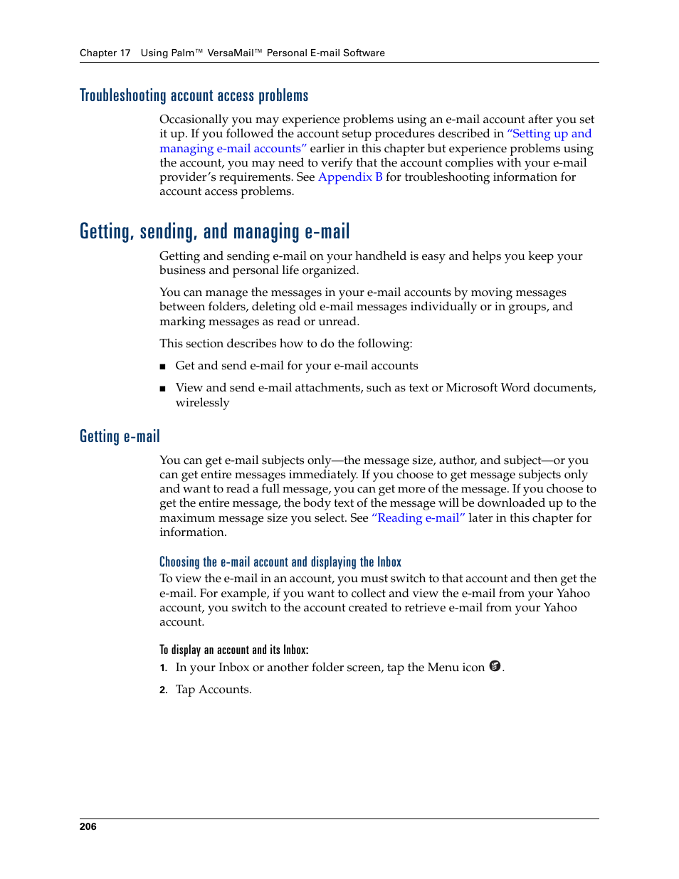 Troubleshooting account access problems, Getting, sending, and managing e-mail, Getting e-mail | To display an account and its inbox | Palm TUNGSTEN T2 User Manual | Page 220 / 502