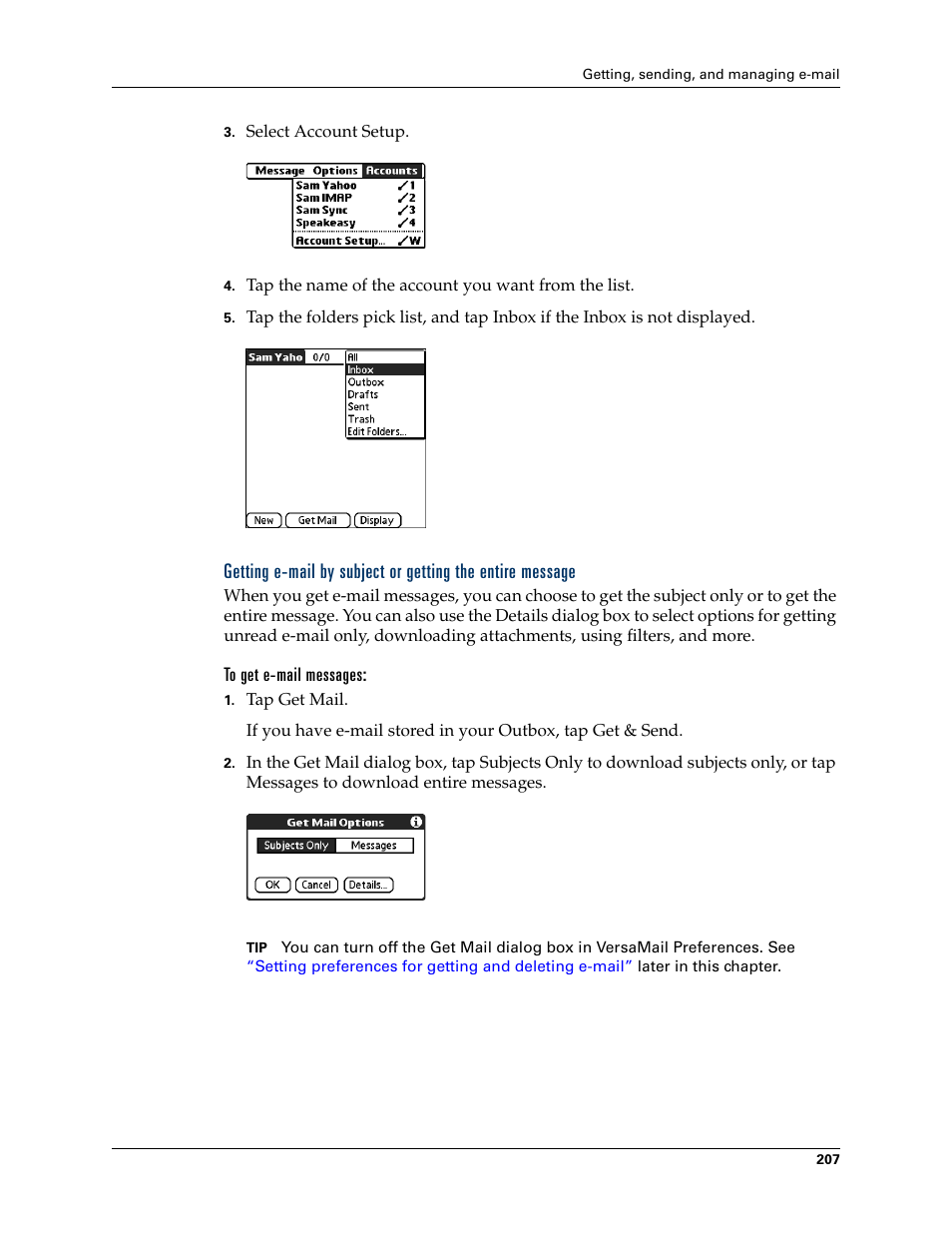 To get e-mail messages, Getting e-mail by subject or getting the entire, Message | Later | Palm TUNGSTEN T2 User Manual | Page 221 / 502
