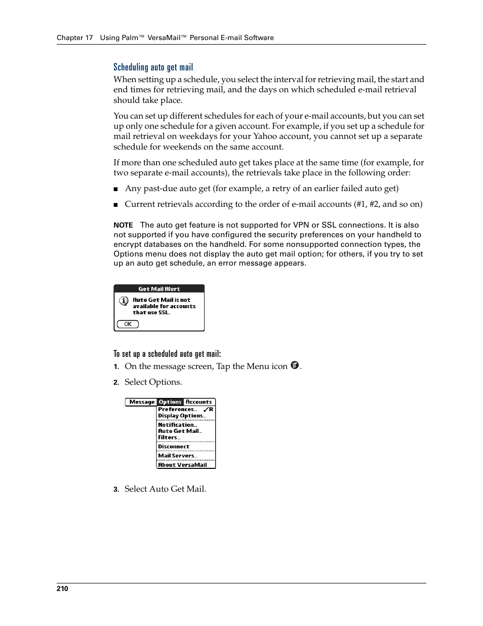 Scheduling auto get mail, To set up a scheduled auto get mail | Palm TUNGSTEN T2 User Manual | Page 224 / 502