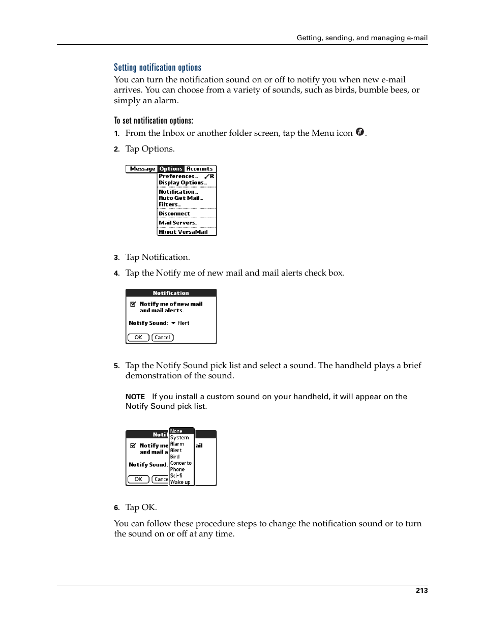 Setting notification options, To set notification options | Palm TUNGSTEN T2 User Manual | Page 227 / 502